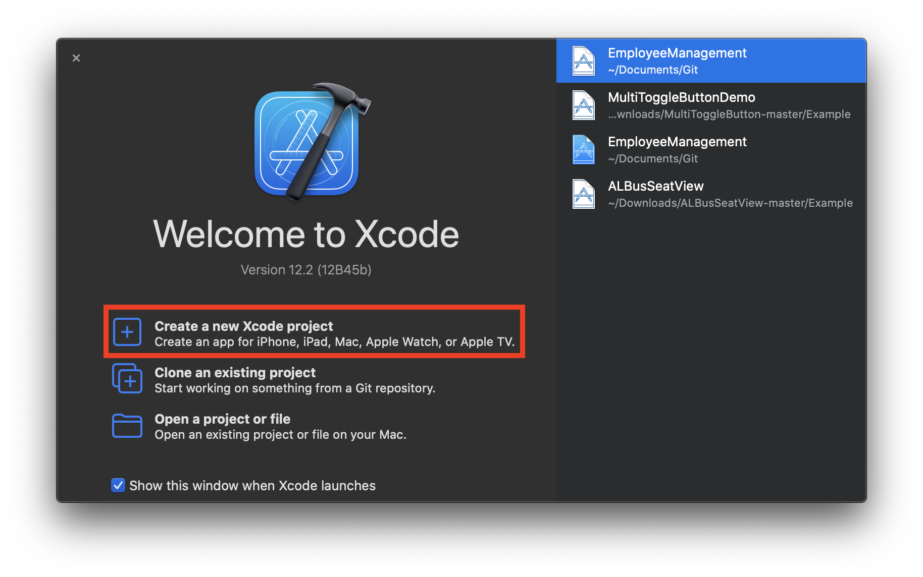 시작 창에서 Create a new Xcode project 선택